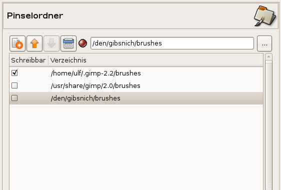 Ansicht der Datenordner im Einstellungsdialog. Das Bildschirmfoto zeigt die Ansicht des Pinselordners